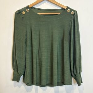 Laura Button Shoulder Detail Long Sleeve Top Blouse Green